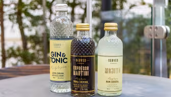 Drei Flaschen servierfertiger Cocktails auf einem Tisch. Von links nach rechts: eine Flasche „Gin & Tonic“, „Espresso Martini“ und „Mojito“. Im Hintergrund sind verschwommenes Grün und ein transparentes Geländer zu sehen.