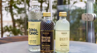Drei Flaschen servierfertiger Cocktails auf einem Tisch. Von links nach rechts: eine Flasche „Gin & Tonic“, „Espresso Martini“ und „Mojito“. Im Hintergrund sind verschwommenes Grün und ein transparentes Geländer zu sehen.