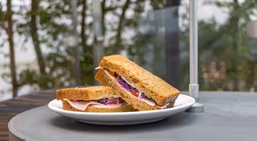 Ein Sandwich mit Vollkornbrot, Putenaufschnitt, Rotkohl und Käse wird halbiert und auf einem weißen Teller serviert. Der Teller steht auf einem runden Tisch im Freien, vor einem verschwommenen Hintergrund mit Bäumen.