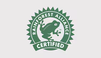 Das grüne Rainforest Alliance Certified-Logo zeigt einen stilisierten Frosch in der Mitte. Der Text „Rainforest Alliance Certified“ umgibt den Frosch, umgeben von einem Sonnenstrahlen-Rahmen auf hellem Hintergrund.