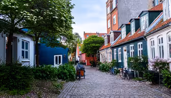 Eine malerische Kopfsteinpflasterstraße mit charmanten Häusern und farbenfrohen Fassaden. Fahrräder parken neben den Gebäuden, und üppige Bäume und Pflanzen schaffen eine ruhige Atmosphäre. Ein blaues Haus und traditionelle Häuser mit roten Dächern verleihen Charakter.
