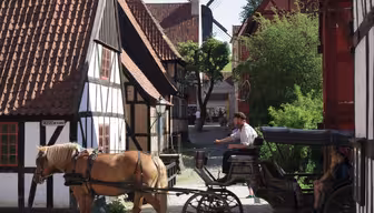 Eine Pferdekutsche fährt durch eine Kopfsteinpflasterstraße in einem malerischen Dorf mit Fachwerkhäusern. Im Hintergrund ist eine Windmühle zu sehen. Ein Kutscher lenkt das Pferd, und ein Passagier sitzt in der Kutsche.
