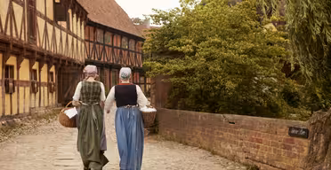 Zwei Personen in historischer Kleidung gehen einen gepflasterten Weg entlang und tragen jeweils einen Weidenkorb. Sie werden von Fachwerkhäusern und einer Backsteinmauer flankiert, auf der rechten Seite befindet sich Grünfläche.
